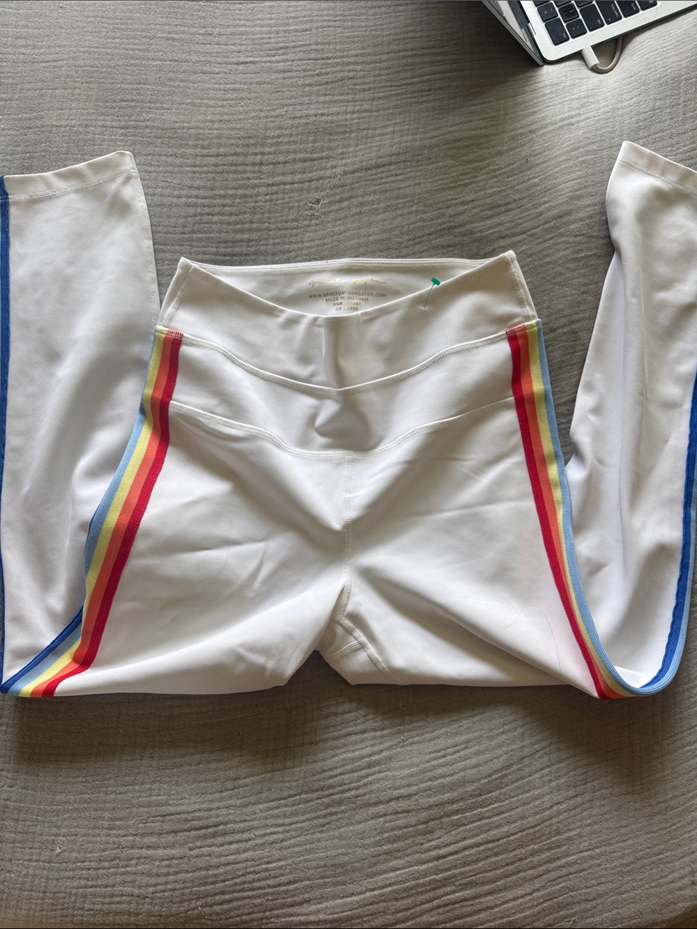 White L Spiritual Gangster Leggings with Rainbow Side Stripes - Athletic Bottoms